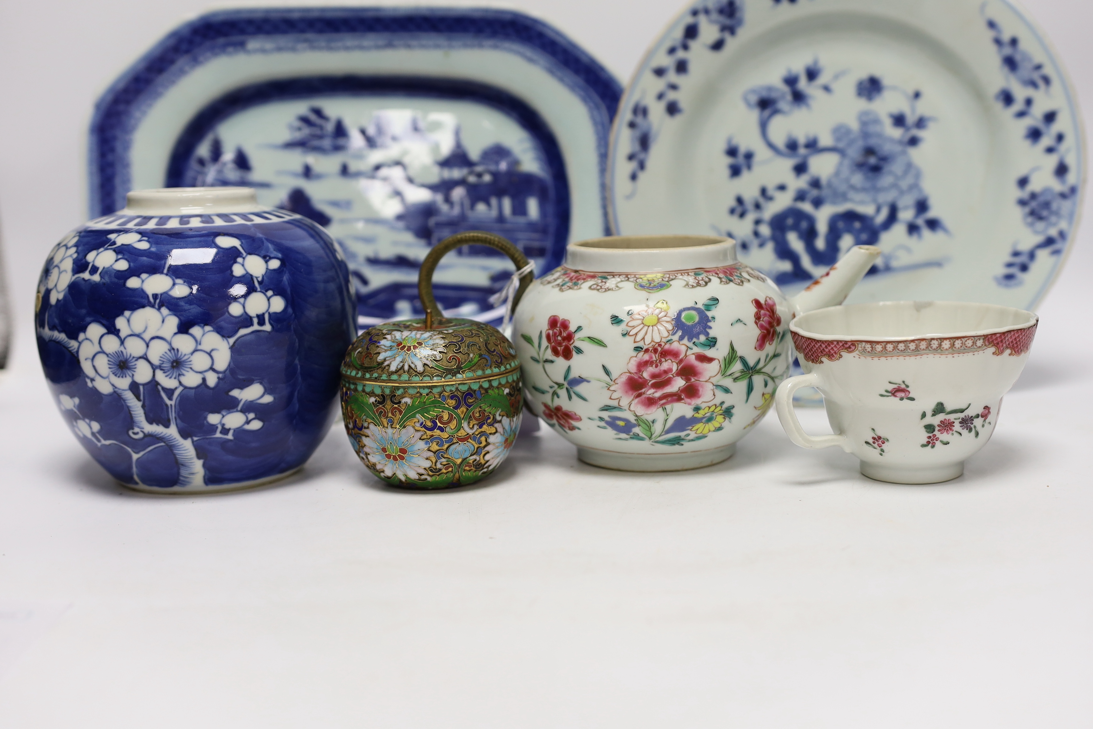 An 18th/19th century Chinese teapot, cup, dish, platter, jar and a cloisonne box, platter 28.5cm wide